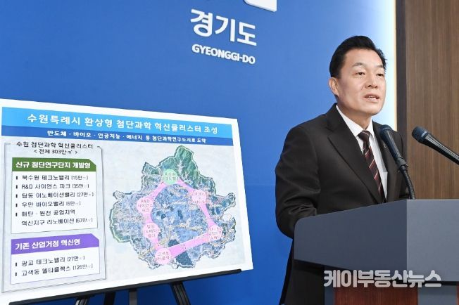 이재준 수원시장이 경기도청에서 열린 ‘북수원 테크노밸리 개발구상 발표’에서 수원시의 첨단과학 혁신클러스터 조성계획을 설명하고 있다.