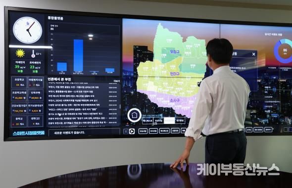 조용익 부천시장이 3개 구·37개 일반동 개청 후 집무실 내 스마트시정플랫폼으로 3개 구에서 발생하는 주요 소식을 확인하고 있다.