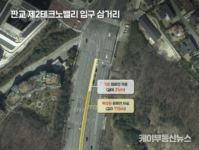 기존 35m에서 115m로 대폭 확장된 판교 제2테크노밸리 입구 삼거리 모습