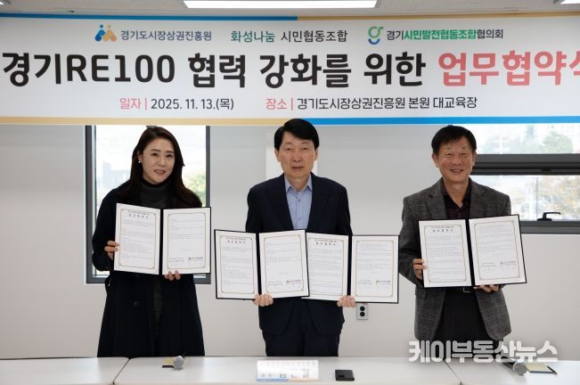 경상원이 '경기 RE100' 달성을 위해 지역 기관과 업무협약을 체결하고 기념촬영을 했다.(왼쪽부터 이혜연 조합장, 김민철 원장, 안명균 회장)